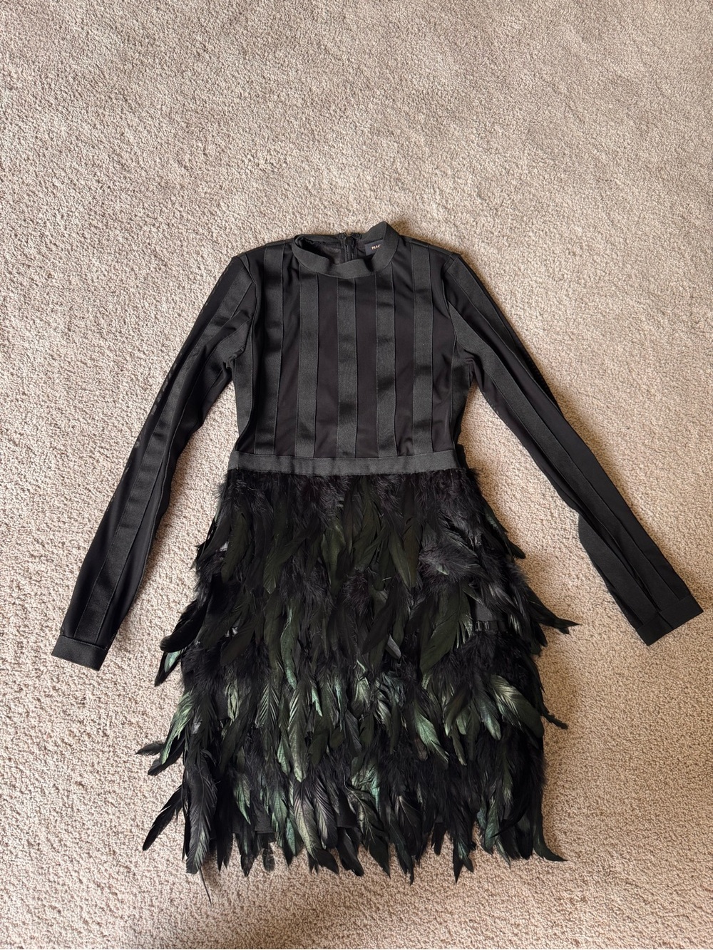 Black Long-Sleeve Feather Hem Dress